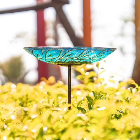 Glass Bird Bath On Metal Stake With Four Pronged Base For Stability Easy Assembly Outdoor Garden Bird Feeder Peacock Style