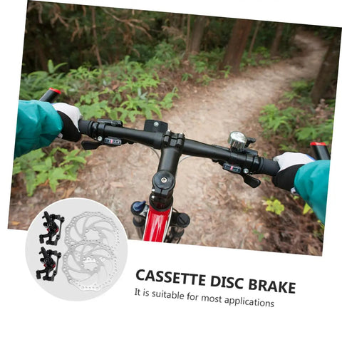Fire Up Your Rig With This Mountain Bike Front And Rear Mechanical Disc Brake Kit Featuring Forged Aluminum Calipers and pads on handlebars.