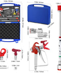 Nifty 16 Piece Airless Paint Sprayer Gun Kit With 3600 Psi Pressure, showing tools, red spray gun, blue case, and accessories.