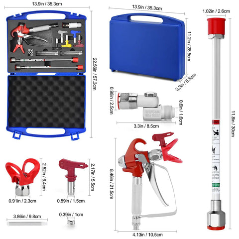 Nifty 16 Piece Airless Paint Sprayer Gun Kit With 3600 Psi Pressure, showing tools, red spray gun, blue case, and accessories.