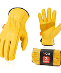 Three Pairs Unlined Cow Grain Leather Work And Driver Gloves With Cow Split Leather Palm Patch Size Large Gold CA9590