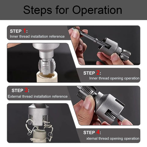 Steps for operation of 2 Piece Pipe Threader Kit With One Half And Three Quarter Inch Dies Electric Drill Compatible Internal External Threading Tool.