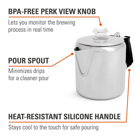 Stainless Steel Percolator Coffee Pot With Silicone Handle For Camping And Travel Stove Safe 6 Cup Campfire Brew Glacier