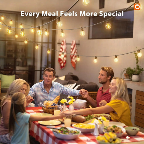 Family dining under Outdoor String Lights 48 Ft LED Shatterproof Bulbs, Dimmable Waterproof Patio Lights For Outdoor Use, Hanging Decor
