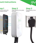 Mounting instructions for Level 2 Electric Vehicle Wall Charger Station 40 Amp 240 Volt with plug and cord detail.