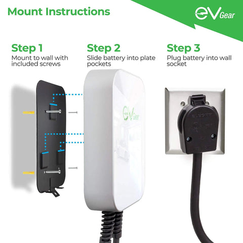 Mounting instructions for Level 2 Electric Vehicle Wall Charger Station 40 Amp 240 Volt with plug and cord detail.