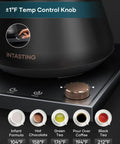 Gooseneck Electric Kettle With Precision Temperature Control And Stainless Steel Interior, 0.9L Capacity, Fast Heating For Pour Over Coffee And Tea, Perfect For Brewed Coffee Or Herbal Tea, Smooth Pour, Black shown with temperature dial and setting options for various beverages.