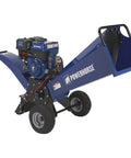 Rotor Wood Chipper With 420cc Ducar OHV Engine And Electric Start, 3600 Max RPM, 4 Inch Chipping Capacity, blue model on wheels