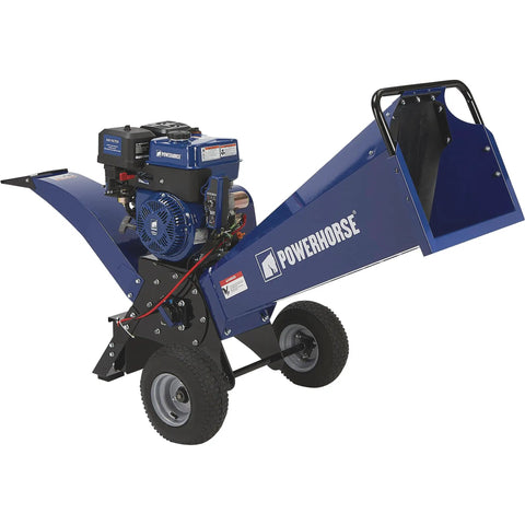 Rotor Wood Chipper With 420cc Ducar OHV Engine And Electric Start, 3600 Max RPM, 4 Inch Chipping Capacity, blue model on wheels