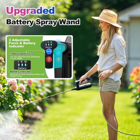 Woman using Cordless Garden Sprayer Wand With Telescopic 32 Inch Reach, Three Adjustable Speeds, Battery Indicator, 26.2 Ft Hose.