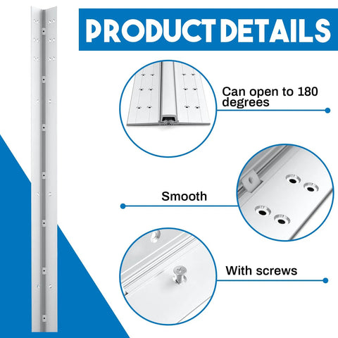 Tough As Nails 83 Inch Continuous Piano Hinge Heavy Duty Anodized Aluminum Full Length Door Hardware With 38 Screws Tamperproof Commercial Steel Rig product details showing smooth hinge and screws.