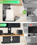 Comparison image of Two Pack 16 Inch Under Desk Cable Management Trays Expandable To 32 Inches No Drill Mount Cord Organizer in black.