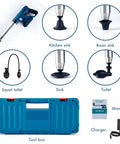 Five In One Toilet Plunger Kit With Air Pressure Hand Pump No Fuss High Pressure Plunger Set For Toilets Sinks Drains And Bathtubs Includes Multiple Heads For Quick Clear Electric Blue in set with attachments and case