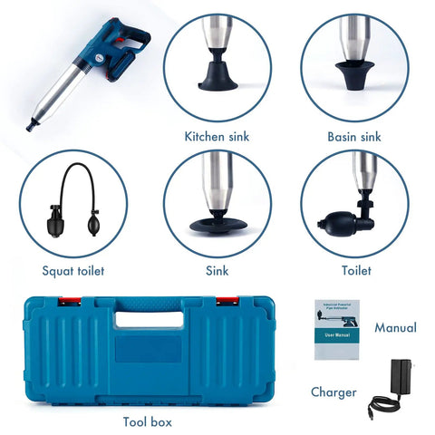 Five In One Toilet Plunger Kit With Air Pressure Hand Pump No Fuss High Pressure Plunger Set For Toilets Sinks Drains And Bathtubs Includes Multiple Heads For Quick Clear Electric Blue in set with attachments and case