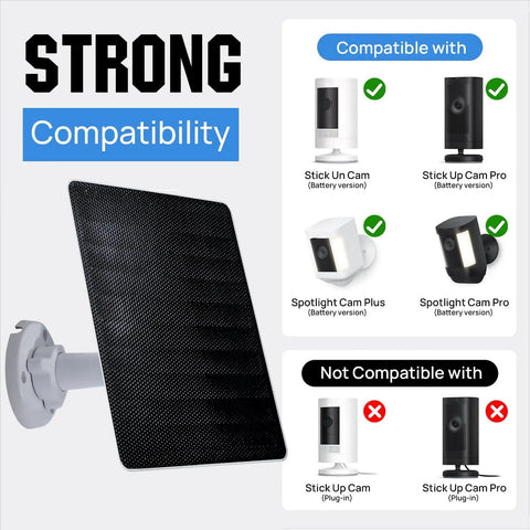 5W Solar Panel Charger For Ring Cameras And Wyze Outdoor Cam V1 V2 With USB C And Barrel Plug Nine Point Eight Foot Cable Fast Charging No Fuss Works With Ring Stick Up Cam Gen 2 3 And Spotlight Cam Plus Pro Battery Solar Not For First Gen Stick Up compatibility display