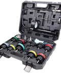 Pro Level 18 Piece Universal Radiator Pressure Testing Kit With Thirteen Heavy Duty Coolant Adapter Fittings, includes hand pump and gauge.