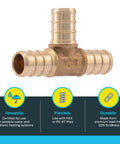 Half Inch Brass Crimp Tee Pipe Fitting Pack Of 10 For PEX And PE RT Systems Go To Full Flow Tee Connector Compatible With Copper Crimp Rings Or Stainless Steel Clamps Durable Plumbing Fitting showing details and features.