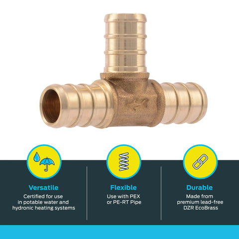 Half Inch Brass Crimp Tee Pipe Fitting Pack Of 10 For PEX And PE RT Systems Go To Full Flow Tee Connector Compatible With Copper Crimp Rings Or Stainless Steel Clamps Durable Plumbing Fitting showing details and features.