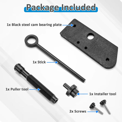 Wsays cam bearing installer and puller kit for Harley Evolution; includes plate, puller, installer, rod.