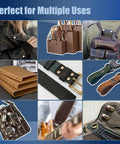 Silvery Chicago Screws Leather Rivets Kit 130 Sets shown used in bags, jackets, belts, bookbinding, tools, and guitar strap.