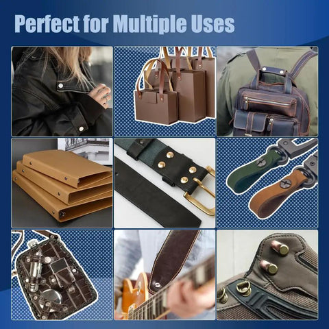 Silvery Chicago Screws Leather Rivets Kit 130 Sets shown used in bags, jackets, belts, bookbinding, tools, and guitar strap.