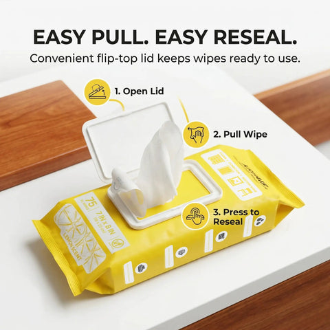 Let Go Of Dust And Grime With These Multi Purpose Wood Cleaning Wipes That Pack A Light Lemon Punch And Make Your Furniture Shine Without Any Extra Hustle, showing a flip-top container with wipes.