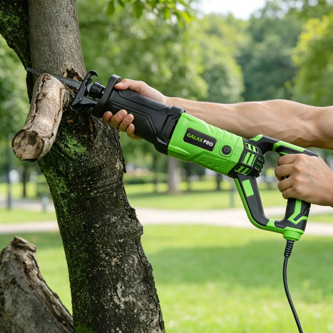 Using 900W Reciprocating Saw with Variable Speed and LED Work Light on tree branch, adjustable angle, 3000 SPM, 22mm stroke