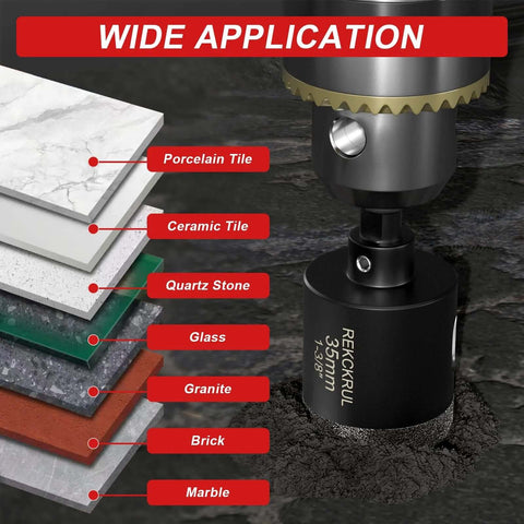 REKCKRUL diamond hole saw with pilot bit mounted on a drill chuck; 1-3/8 in depth for porcelain, ceramic, glass, marble.