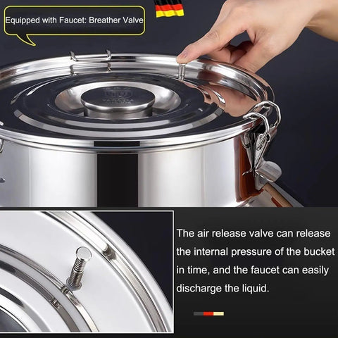 Heavy Duty 304 Stainless Steel Storage Bucket With Lid And Handle For Rice Grain Coffee Beans Dog Food Wine Milk Tank Tote Container Airtight Food Grade 9 25 Gallon Pail with breather valve top view