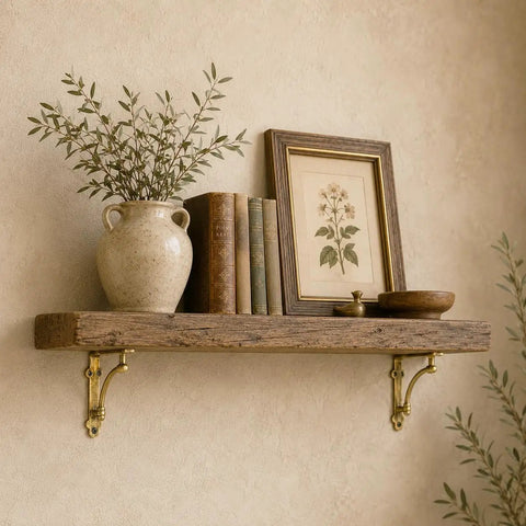 Wooden shelf on wall with antique decor supported by gold cast iron shelf brackets, set of four, heavy duty, half round decorative mounting brackets.