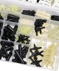 169-piece automotive vacuum connector assortment kit; black and cream plastic fittings in a divided box (top view)