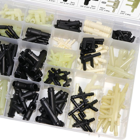 169-piece automotive vacuum connector assortment kit; black and cream plastic fittings in a divided box (top view)