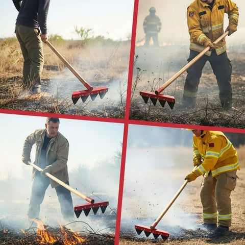 Built Tough Fire Rake with 55 Inch Wood Handle for Wildland Firefighting in use, shows red four-tooth head and locust handle.