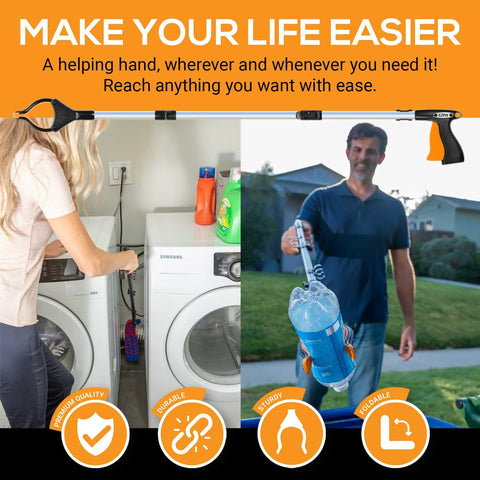 Person using 36-inch magnetic reacher with folding design for laundry and outdoor tasks.