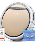 V5s Plus Robot Vacuum and Mop Combo with WiFi app and Alexa voice control, gold finish, shown with app interface and water reservoir