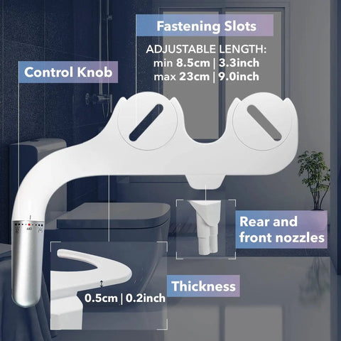 Non Electric Bidet Attachment For Toilet With Adjustable Water Pressure Front And Rear Cleaning Four Pressure Settings Easy Install ABS Plastic Toilet Washer Upgrade Your Bathroom Hygiene, showcasing control knob and fastening slots.