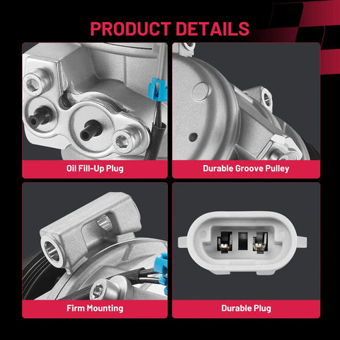 Keep Your Ride Chill With This Heavy Duty AC Compressor And Clutch Assembly For Chevy Silverado Tahoe Trucks Built Tough Enough To Handle Weekday Commutes Or Weekend Road Trips Without Breaking A Sweat detailed view showing oil fill-up plug, groove pulley, and durable plug.