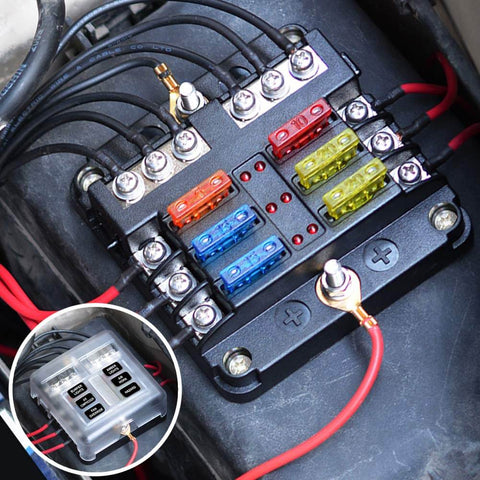Close-up of Six Way Fuse Block for 12V and 24V Vehicles with Six Circuit ATC ATO Waterproof Fuse Box Holder LED Indicator shown installed.