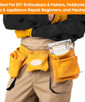 Person wearing tool belt with compartments for tools, ideal for DIY enthusiasts, mechanics, and repair beginners.