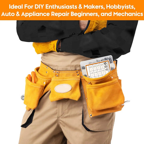 Person wearing tool belt with compartments for tools, ideal for DIY enthusiasts, mechanics, and repair beginners.