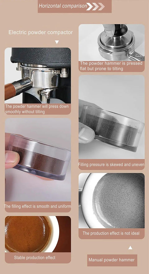 Comparison of espresso tamping methods with Electric Coffee Tamper With 30 Kg Steady Pressure And Easy Touch Screen Controls.