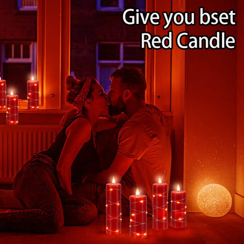 Couple with Red Flameless Candle Set With Remote Control Battery Powered LED Candles With String Lights In 4 5 6 7 8 Inch Sizes