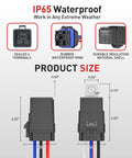 Diagram showing dimensions and features of Five Pack Four Pin Forty And Thirty Amp 12V DC Waterproof Relays with durable shell and sealed terminals.