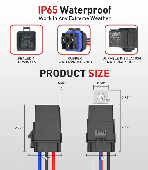 Diagram showing dimensions and features of Five Pack Four Pin Forty And Thirty Amp 12V DC Waterproof Relays with durable shell and sealed terminals.