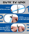 10-pack aquarium air control valves with blue tubing and black T connectors; installation steps infographic.
