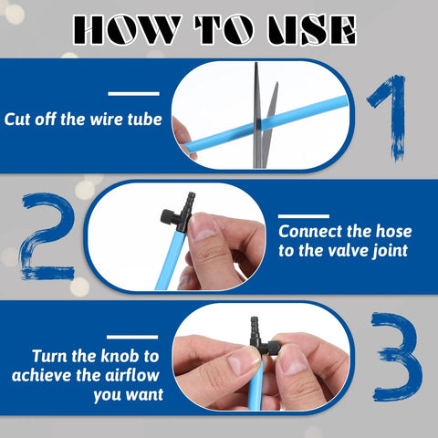 10-pack aquarium air control valves with blue tubing and black T connectors; installation steps infographic.
