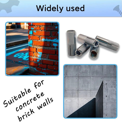 Heavy Duty 12 Pack Knurled Drop In Anchors for Solid Concrete Three Eighths Inch Sixteen Thread Carbon Steel Internal Forced Expansion Bolts with Silver Zinc Coat Ferrtitan Ideal For Contractors shown near brick and concrete walls.