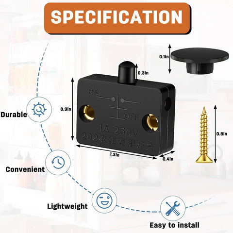 Badass Cabinet Door Switches For Closet Light With Auto Magnetic Trigger 8 Pack Easy Peasy Mounting Kit shown with specifications and installation screw.