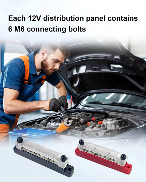 Double Row 150 Amp Bus Bar Power Distribution Block 12 To 48 Volt built like a tank, showcasing M6 bolts and installation in a car.