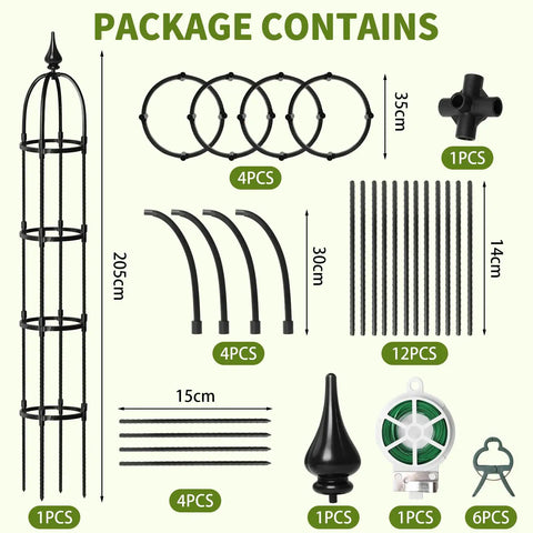 6.7Ft Rustproof Garden Obelisk Trellis package contents including metal rods, connectors, and assembly parts